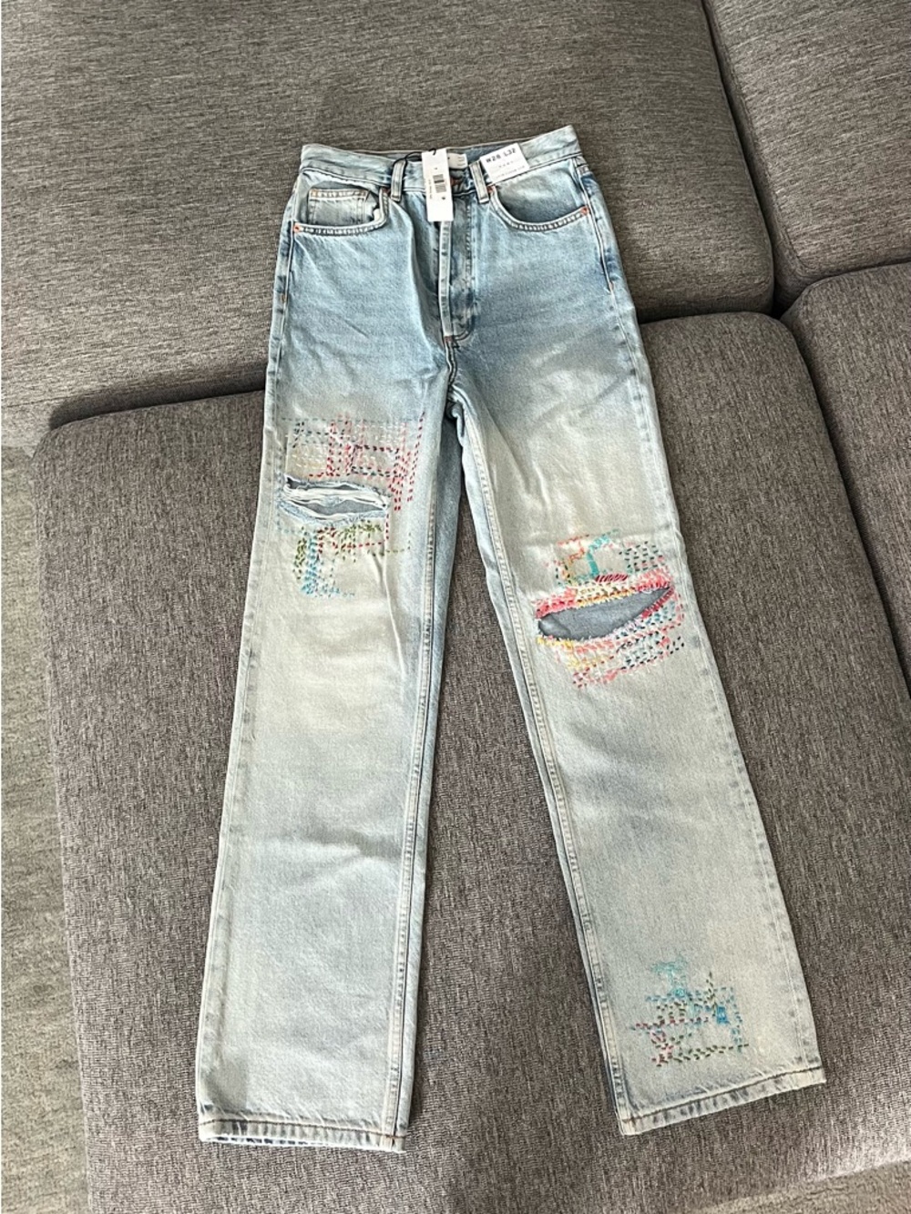 Topshop Light Blue Straight-Leg Jeans with Colorful Stitch Patches